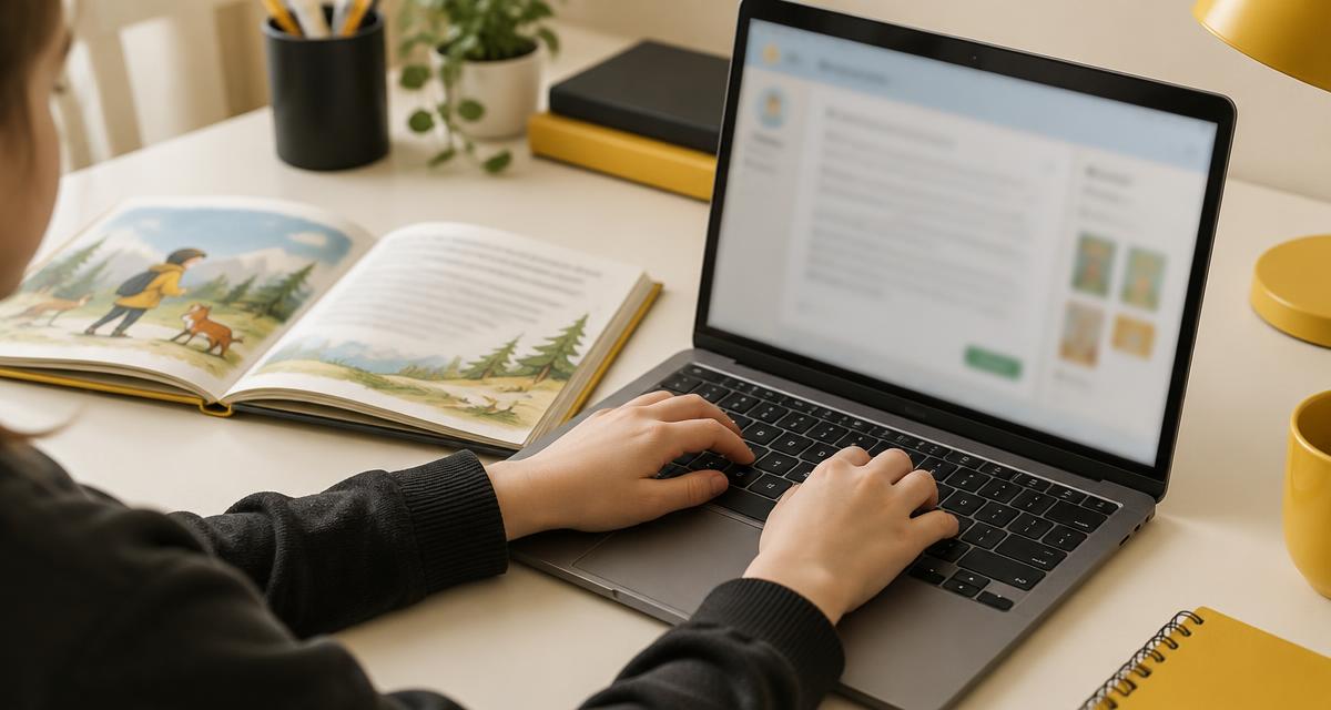 Murid menaip rekod bacaan NILAM di laptop dalam sistem AINS bersebelahan buku cerita