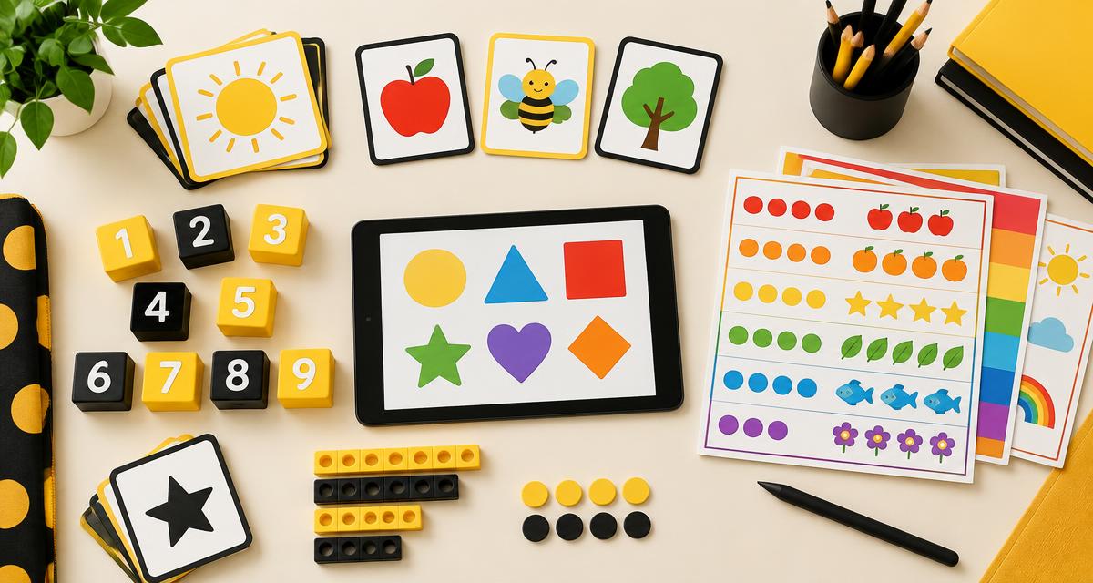 Kad imbas, blok nombor, carta warna dan tablet sebagai alat bantu mengajar di atas meja