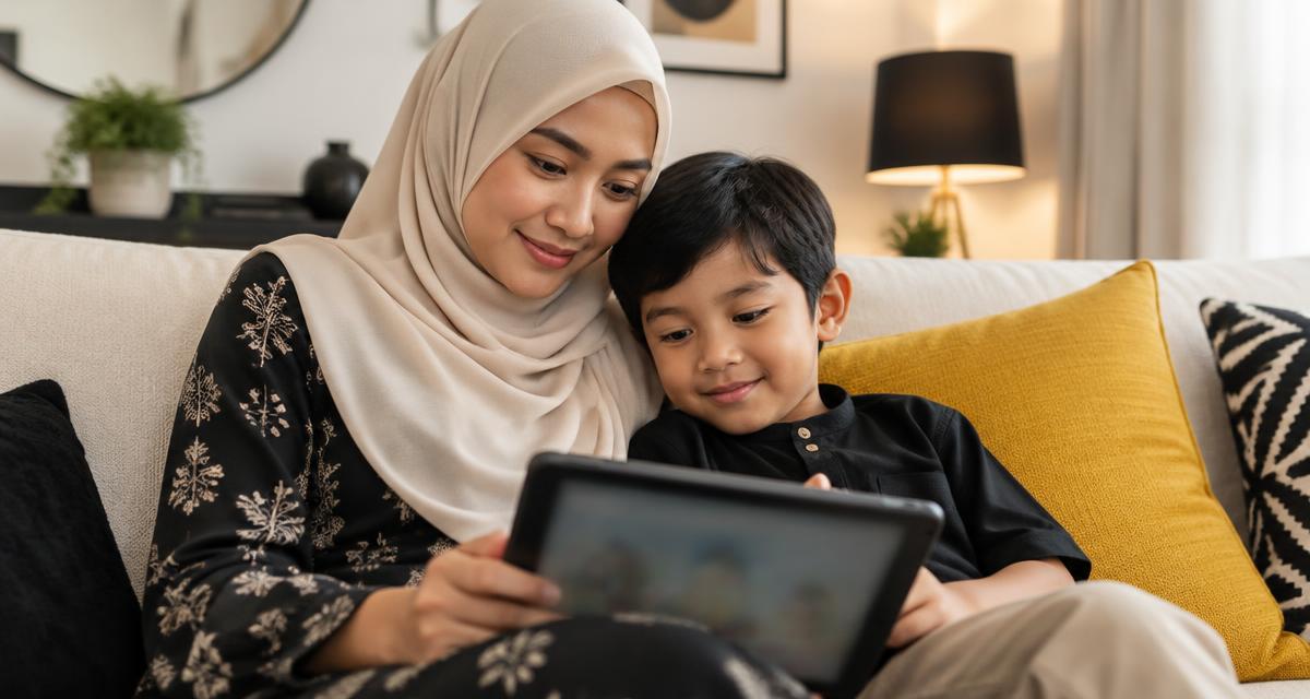 Ibu dan anak lelaki membaca buku cerita online di tablet untuk bahan bacaan NILAM