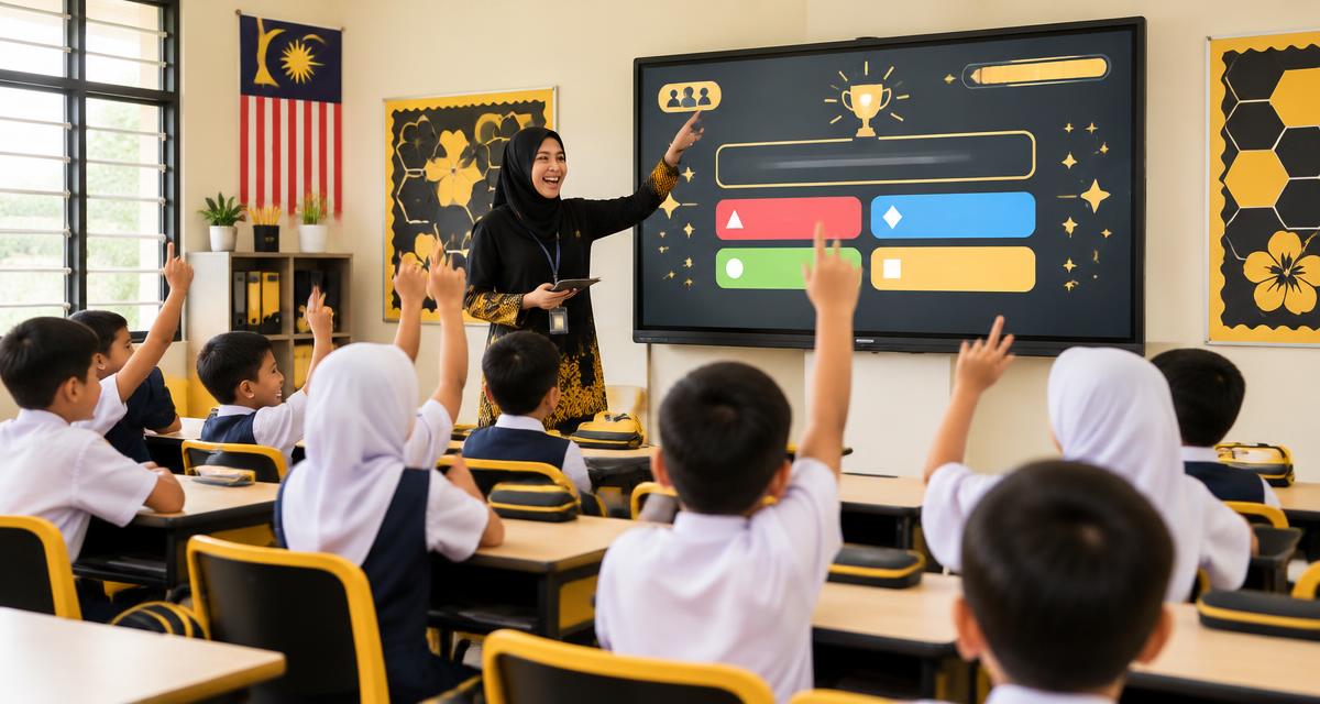 Guru dan murid bermain game kuiz interaktif di smartboard kelas sekolah rendah