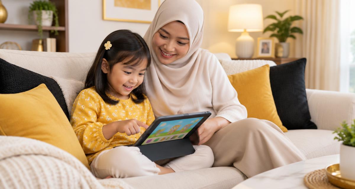 Ibu dan anak perempuan bermain game belajar di tablet di atas sofa