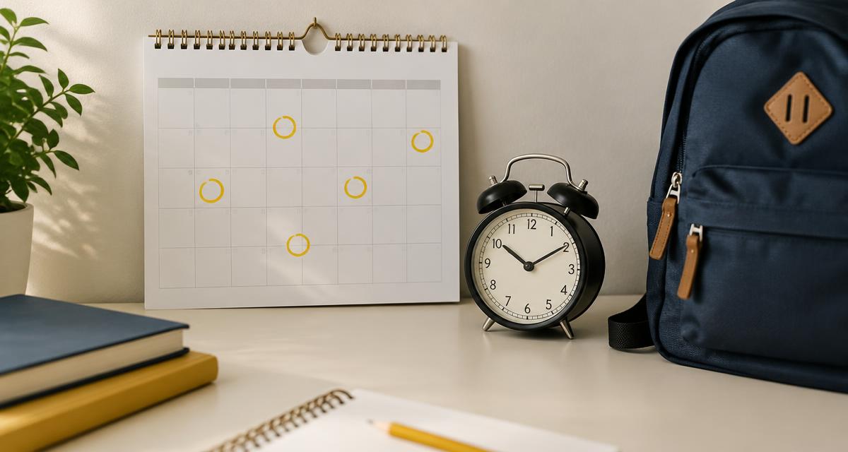 Kalendar dengan tarikh bertanda kuning dan jam loceng untuk jadual peperiksaan UPKK
