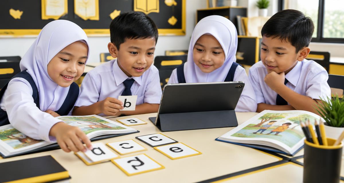 Murid sekolah rendah bermain kuiz huruf dengan kad abjad, buku cerita dan tablet