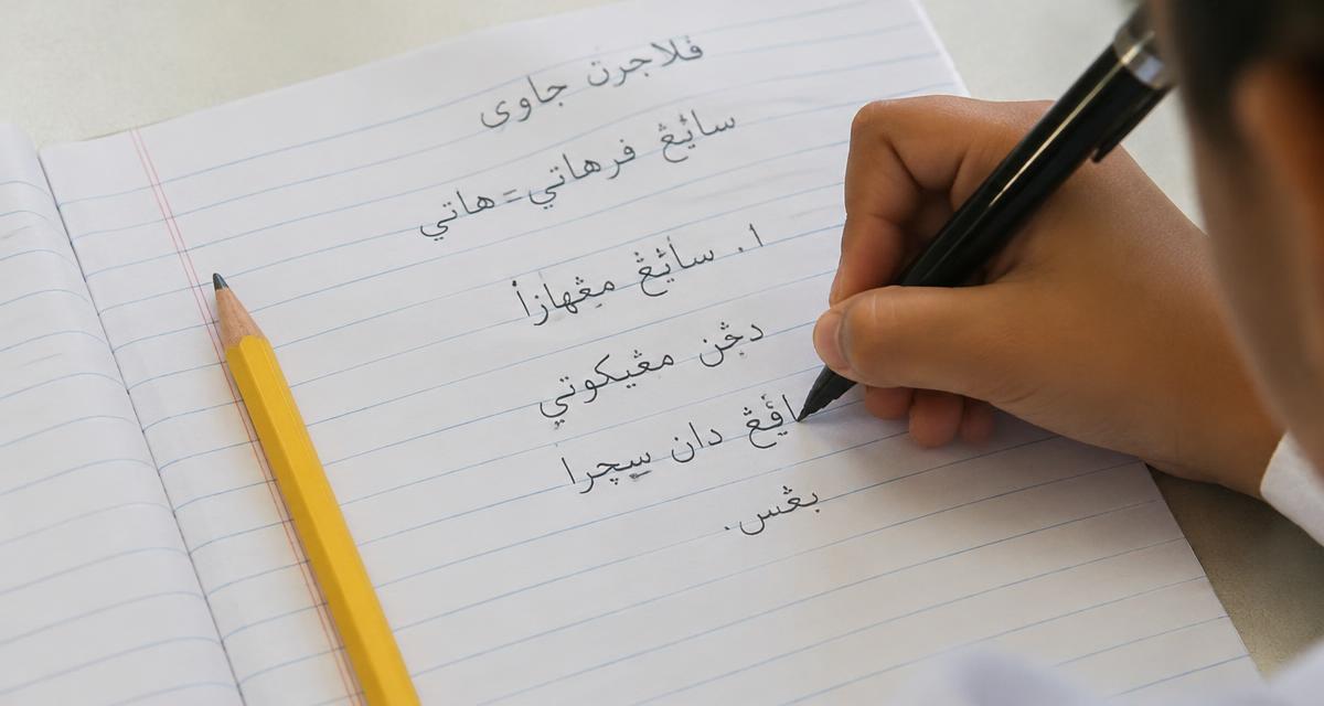 Tangan murid menulis tulisan Jawi dalam buku latihan bergaris untuk UPKK
