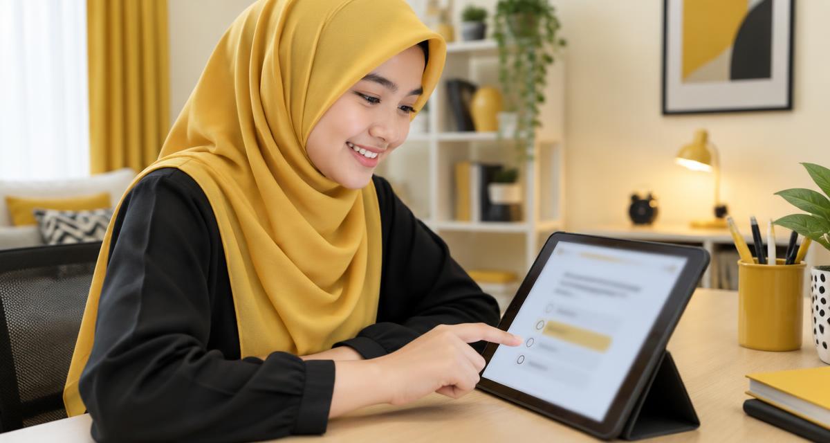 Murid perempuan bertudung kuning menjawab kuiz KAFA di tablet