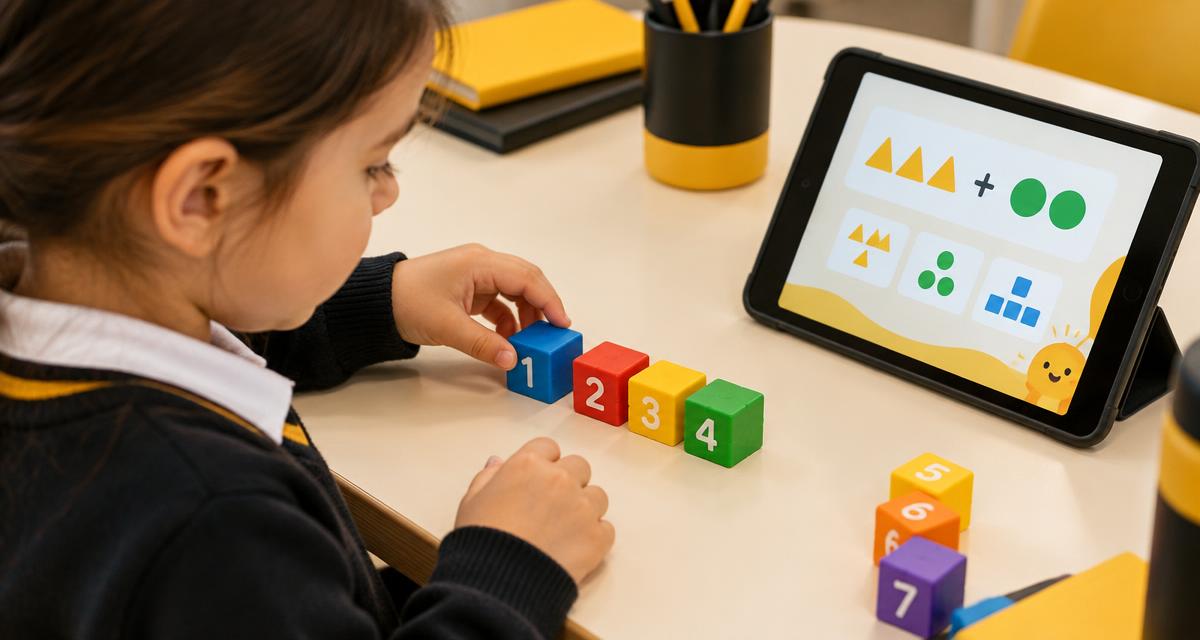 Murid Tahun 1 menyusun blok nombor di sebelah tablet yang memaparkan game Matematik