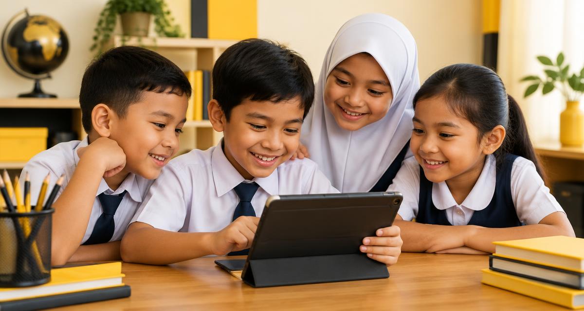 Empat murid sekolah rendah tersenyum bermain permainan pendidikan di tablet