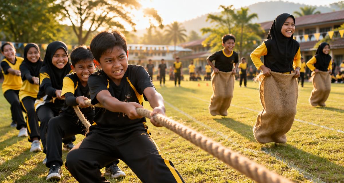 Murid bermain tarik tali dan lari dalam guni di padang sekolah ketika petang