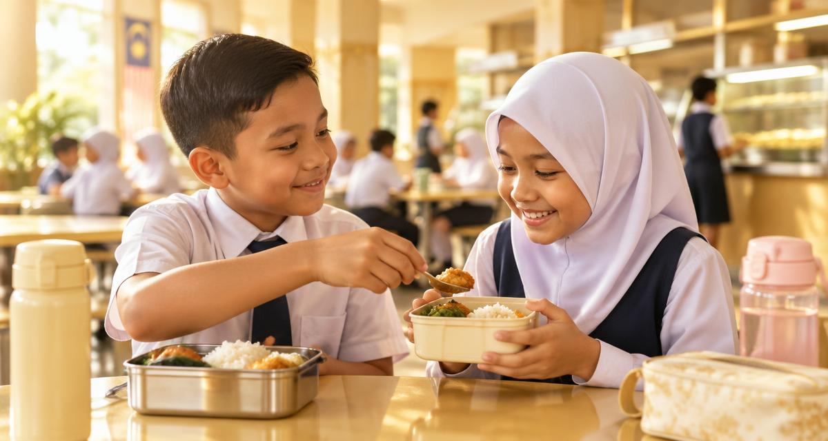 Dua murid sekolah rendah berkongsi makanan di kantin, contoh nilai dalam soalan PKSK Bahagian A