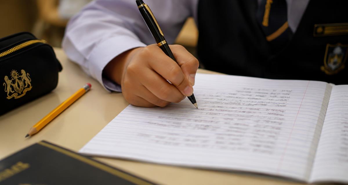 Tangan murid menulis karangan dalam buku latihan bergaris untuk PKSK Bahagian C