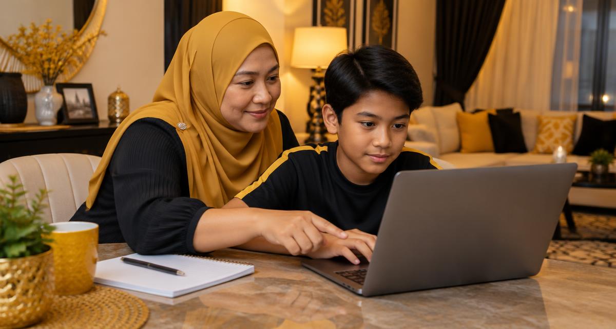 Ibu membimbing anak lelaki Tahun 6 berlatih soalan PKSK Tingkatan 1 di laptop