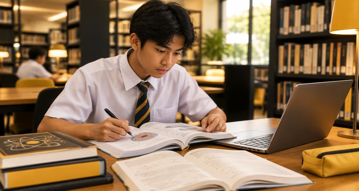 Murid Tingkatan 3 mengulang kaji buku sains di perpustakaan untuk PKSK Tingkatan 4