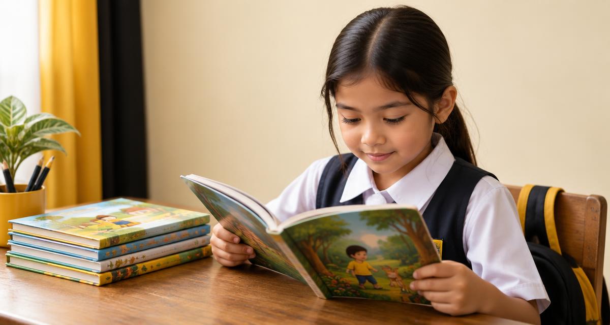 Murid perempuan sekolah rendah membaca buku cerita Bahasa Melayu untuk program NILAM