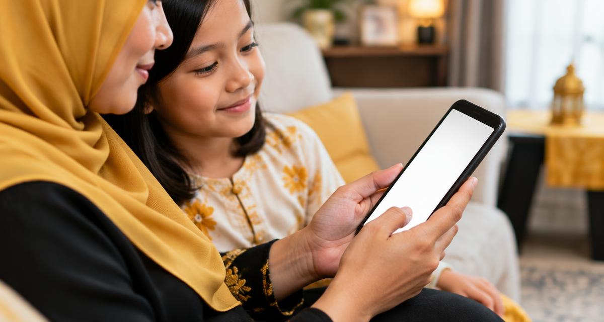 Ibu dan anak menyemak keputusan PKSK di telefon pintar