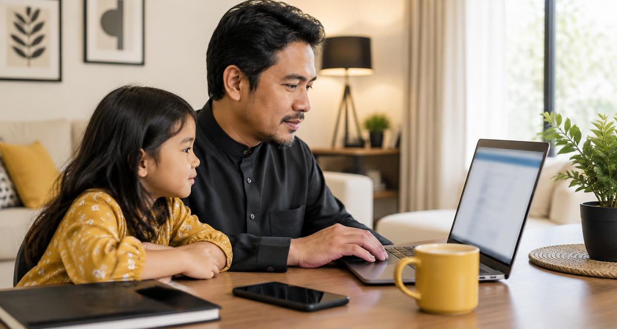Bapa mengisi borang pendaftaran KAFA secara dalam talian di laptop bersama anak