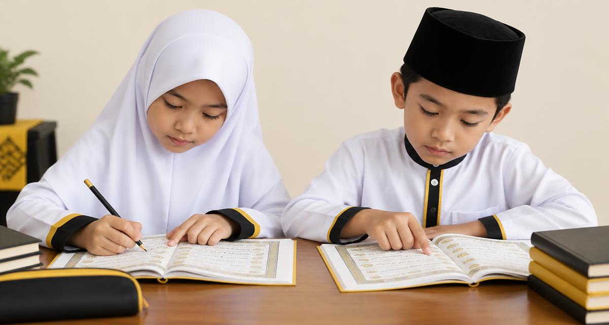 Murid KAFA lelaki dan perempuan mengulang kaji buku agama untuk UPKK di meja belajar